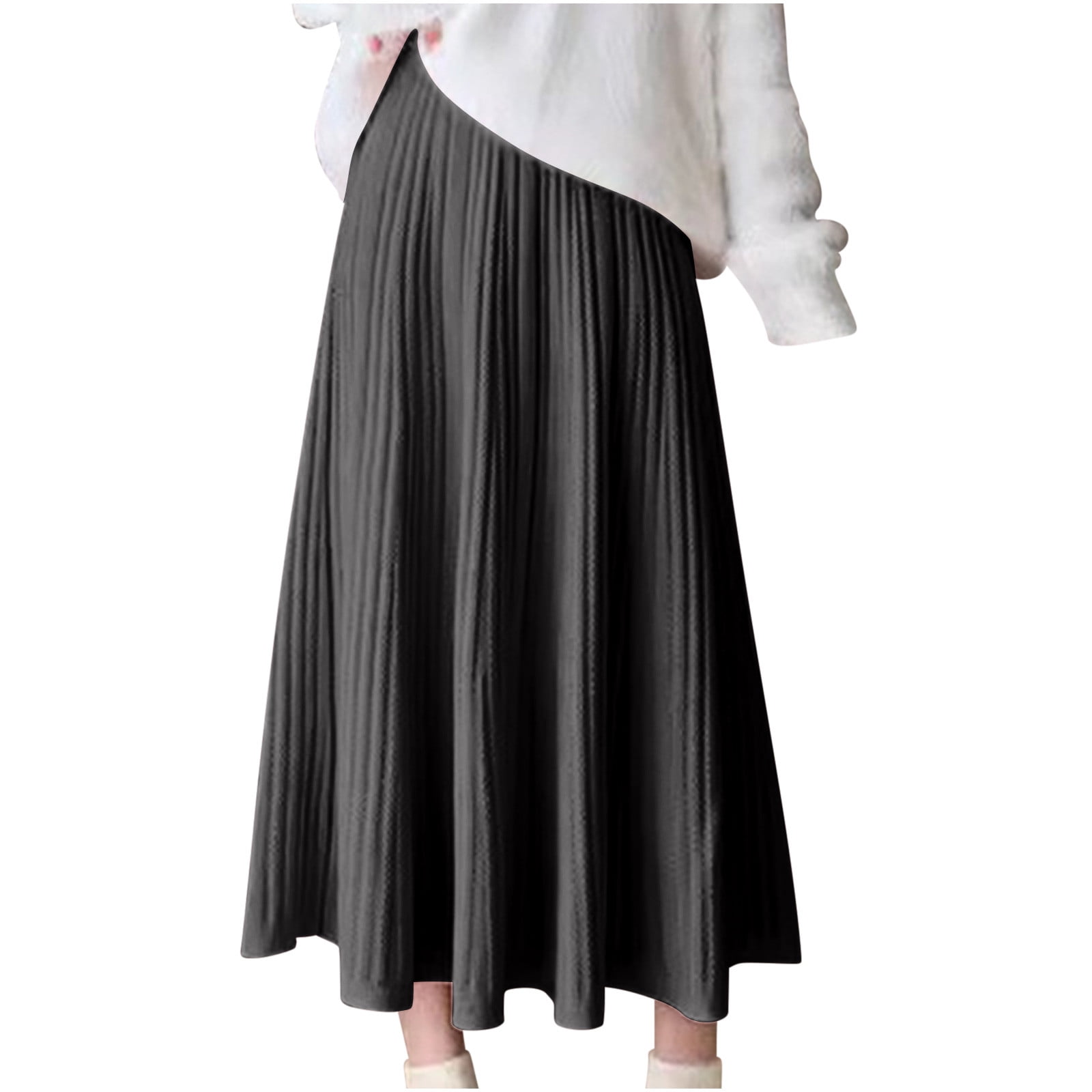 yillto Women's Pleated Knit Sweater Midi Skirts High Waist Elastic