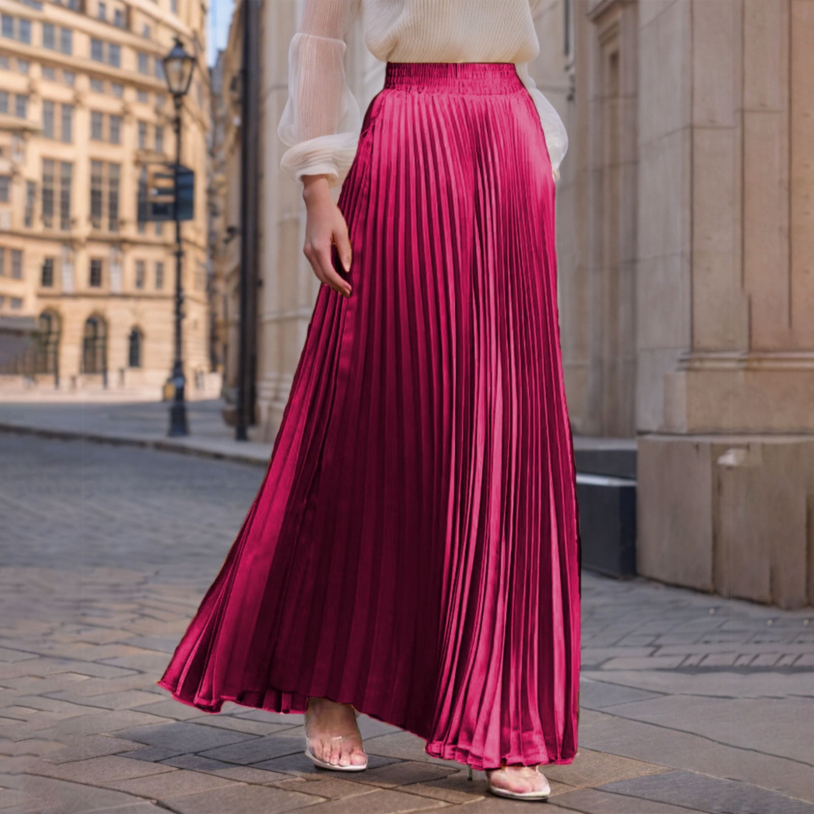 long skirts dresses yillto Women's Pleated Maxi Skirts High Waist Elastic A Line Long Skirt  Boho Flowy Elegant Casual Dress