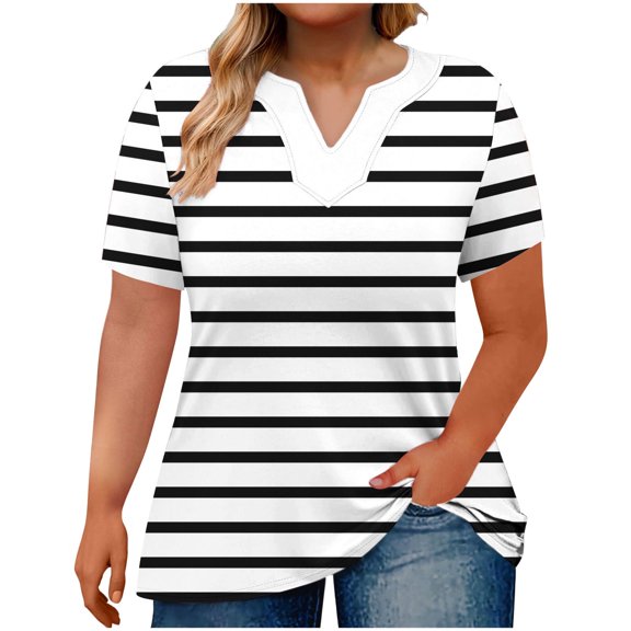 yillto Women's Plus Size Blouse Summer Short Sleeve V Neck Striped Tunic Top Causal Loose Shirts