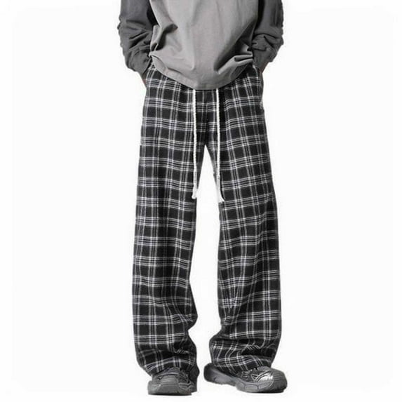yillto Women's Plus Size Pants Wide Leg Plaid Pants Drawstring Waist Baggy Trousers Casual Lounge with Pockets