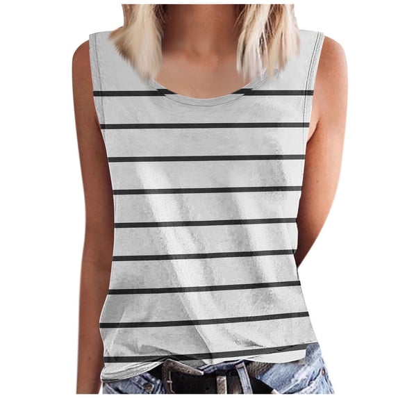yillto Women's Plus Size Sleeveless Tank Top Loose Casual Crew Neck Striped T Shirts Basic Tee Tops