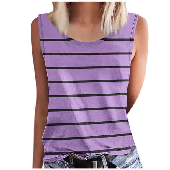yillto Women's Plus Size Sleeveless Tank Top Loose Casual Crew Neck Striped T Shirts Basic Tee Tops