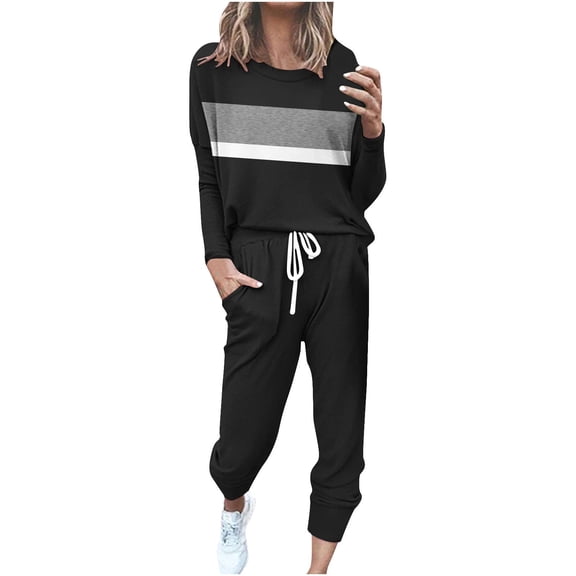 yillto Women's Plus Size Sweatsuits Crew Neck Long Sleeve Printed Sweatshirt Sweatpants 2 Piece Outfit