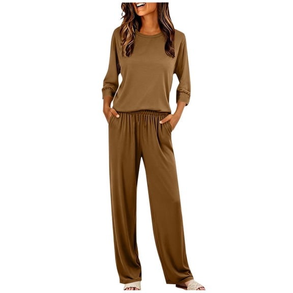 yillto Women's Set 2 Piece 3/4 Sleeve Tops and Wide Leg Lounge Pant Sweatsuit Fall Casual Outfits