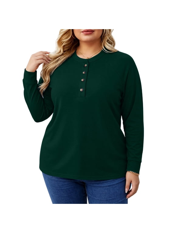Women's Plus Size Top Crewneck Shirt Long Sleeve Button Tee Basic Ladies Loose Fitting T Shirt