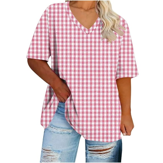yillto Women's Plus Size Top Plaid Short Sleeve Loose Shirts Summer V Neck Causal Tunic Tshirts