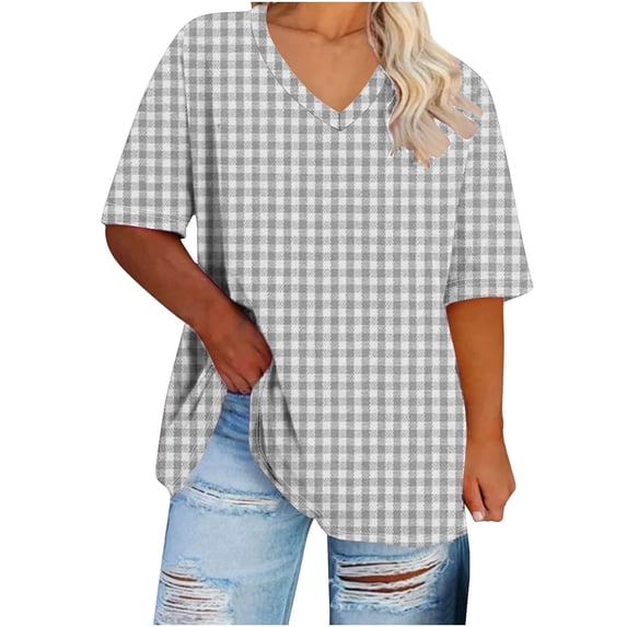 yillto Women's Plus Size Top Plaid Short Sleeve Loose Shirts Summer V Neck Causal Tunic Tshirts