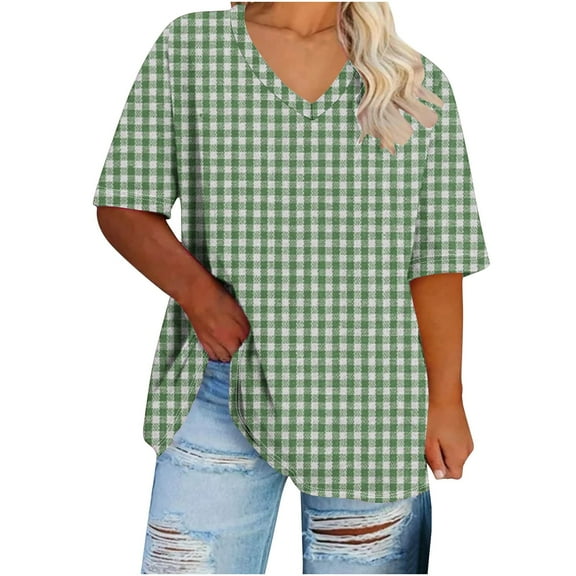 yillto Women's Plus Size Top Plaid Short Sleeve Loose Shirts Summer V Neck Causal Tunic Tshirts
