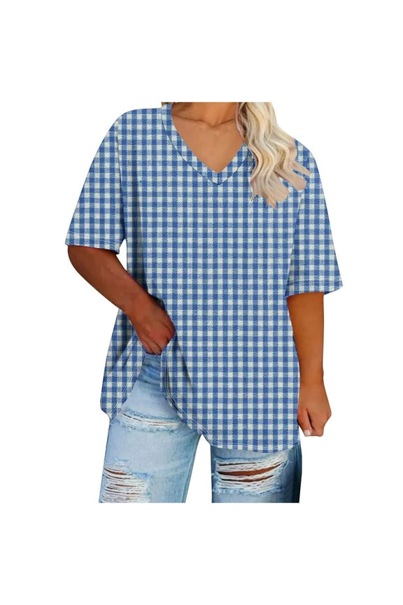 Women's Plus Size Top Plaid Short Sleeve Loose Shirts Summer V Neck Causal Tunic Tshirts