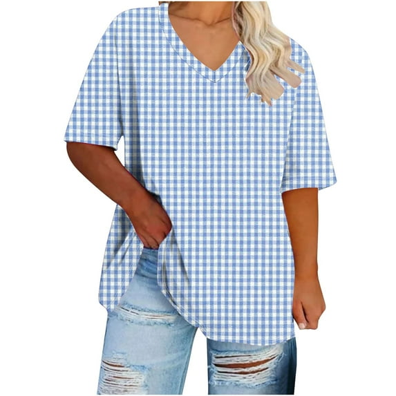 yillto Women's Plus Size Top Plaid Short Sleeve Loose Shirts Summer V Neck Causal Tunic Tshirts