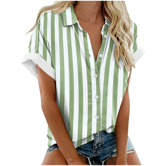 yillto Women's Plus Size Top Short Sleeve Button down Striped Blouse Shirts Summer V Neck Blouse