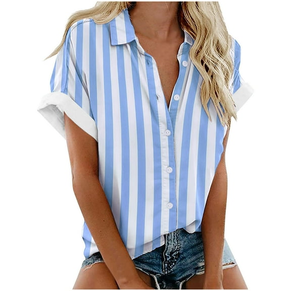 yillto Women's Plus Size Top Short Sleeve Button down Striped Blouse Shirts Summer V Neck Blouse