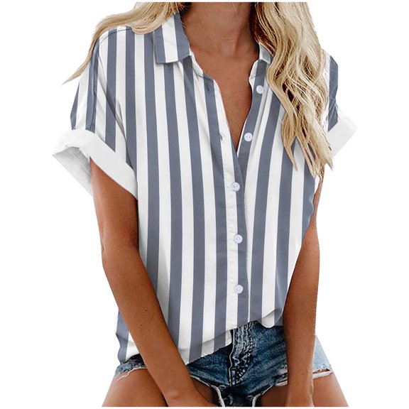 yillto Women's Plus Size Top Short Sleeve Button down Striped Blouse Shirts Summer V Neck Blouse