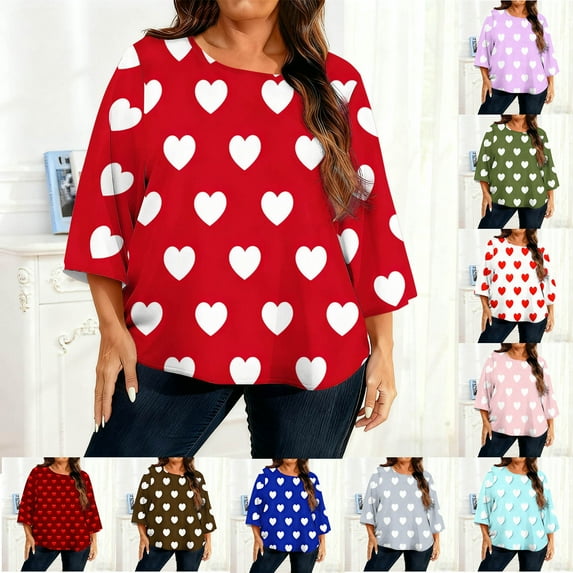 yillto Women's Plus Size Valentine's Day Tops 3/4 Sleeve Heart Blouse Crewneck Dressy Casual Loose Shirts