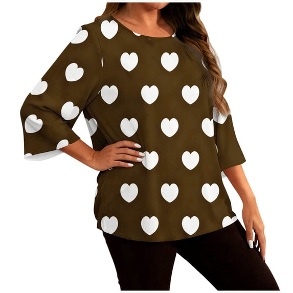 yillto Women's Plus Size Valentine's Day Tops 3/4 Sleeve Heart Blouse Crewneck Dressy Casual Loose Shirts