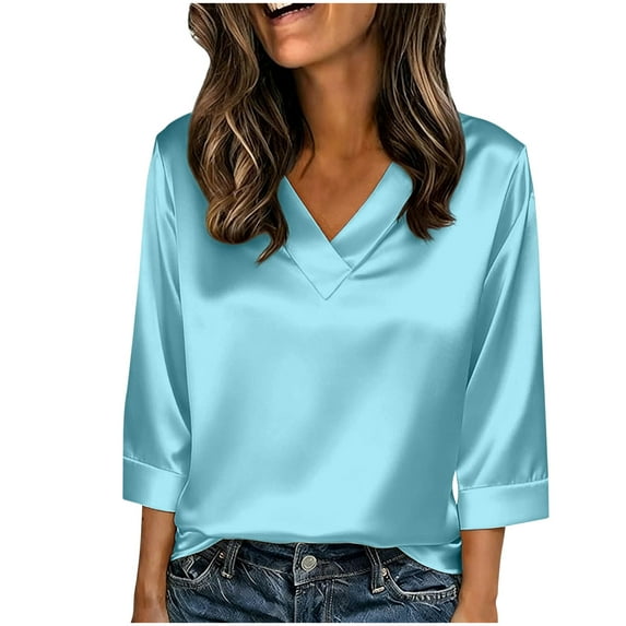 yillto Women's Satin Shirts 3/4 Sleeve V Neck Silky Tshirts Shirt Summer Casual Loose Business Tops