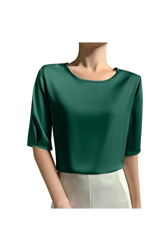 Women's Satin Shirts Short Sleeve Crewneck Silky Tshirts Shirt Summer Casual Loose Tops M-3XL