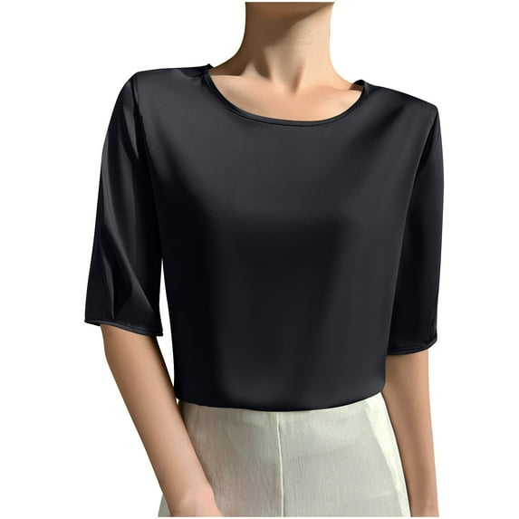 yillto Women's Satin Shirts Short Sleeve Crewneck Silky Tshirts Shirt Summer Casual Loose Tops M-3XL