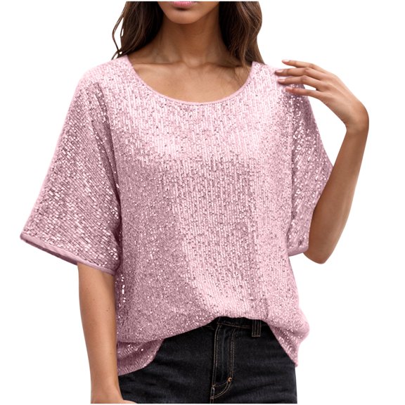 yillto Women's Sequin Shirts Round Neck Pullover Tops Ladies Fashion Sparkly Party Loose Blouse