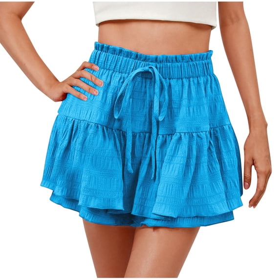 yillto Women's Shorts Ruffle Hem Flowy Layered Casual Elastic High Waist Drawstring Summer Shorts