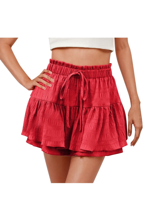 Women's Shorts Ruffle Hem Flowy Layered Casual Elastic High Waist Drawstring Summer Shorts