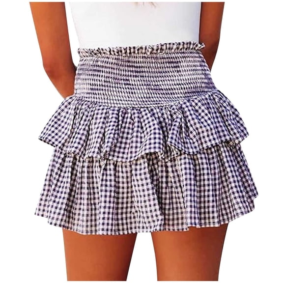 yillto Women's Smock Skirt Plaid High Waisted Ruffle Short Skirts Tiered Layered Flowy Mini Skirts