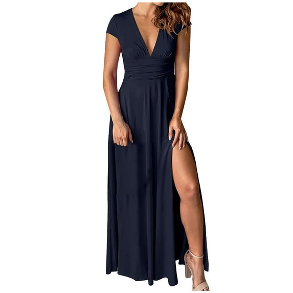 yillto Women's Split Long Dresses V Neck High Waist Cocktail Dresses Trendy Solid Color Party Dresses