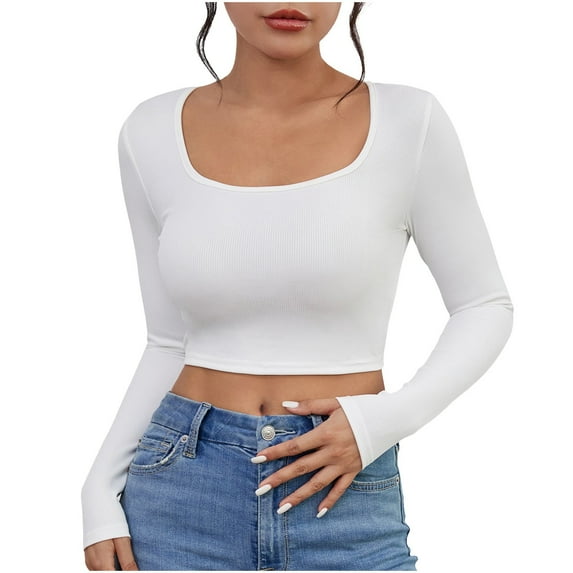 yillto Women's Square Neck Long Sleeve Ribbed Slim Fitting Casual Basic Crop Top 2024 Trendy Clothes