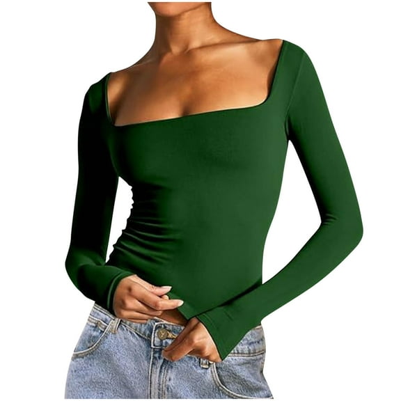 yillto Women's Square Neck Tops Long Sleeve Tight Crop Tee Basic Casual Slim Layer Undershirts Outfits