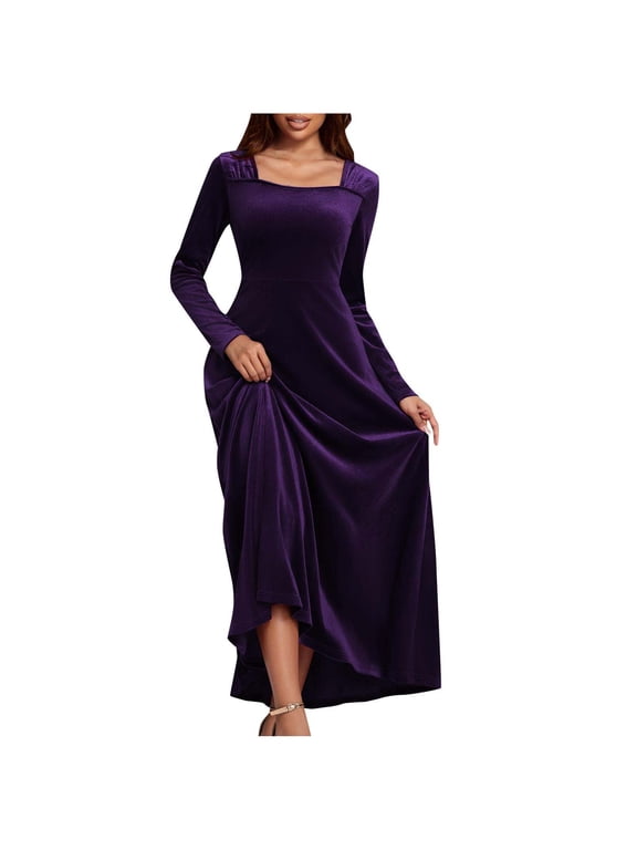 Women's Square Neck Velvet Long Sleeve Maxi Dress Cocktail Party A-Line Dress Elegant Formal Dress