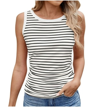 yillto Women's Striped Tank Tops Ribbon Sleeveless Crew Neck Causal Shirts Summer Basic Slim Tee