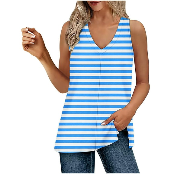yillto Women's Striped Tanks Top V Neck Sleeveless Summer Loose Shirt Fashion Trendy Causal Tank