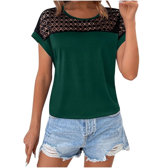 yillto Women's Summer Blouse Lace Short Sleeve Crew Neck Top Ladies Fashion Work Business Shirts
