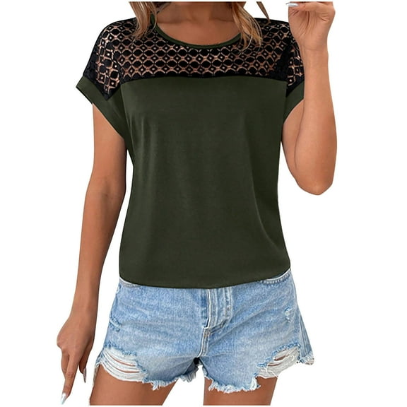 yillto Women's Summer Blouse Lace Short Sleeve Crew Neck Top Ladies Fashion Work Business Shirts