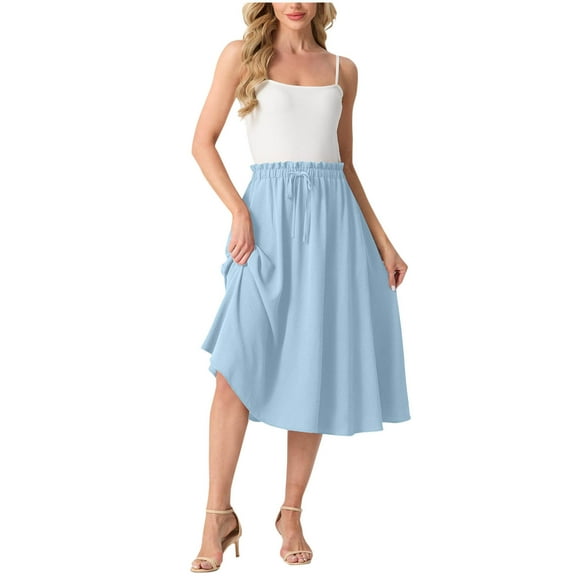 yillto Women's Summer Midi Skirt A Lined Flowy with Pockets Elastic High Waist Beach Vacation Skirts