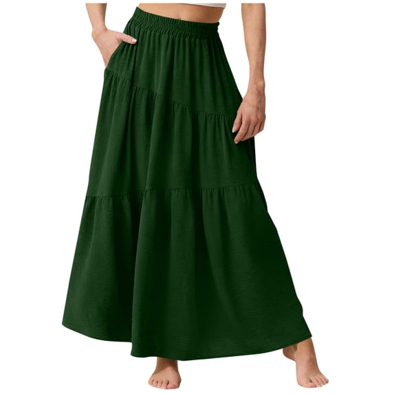 yillto Women's Summer Midi Skirt A Lined Flowy with Pockets Elastic High Waist Beach Vacation Skirts