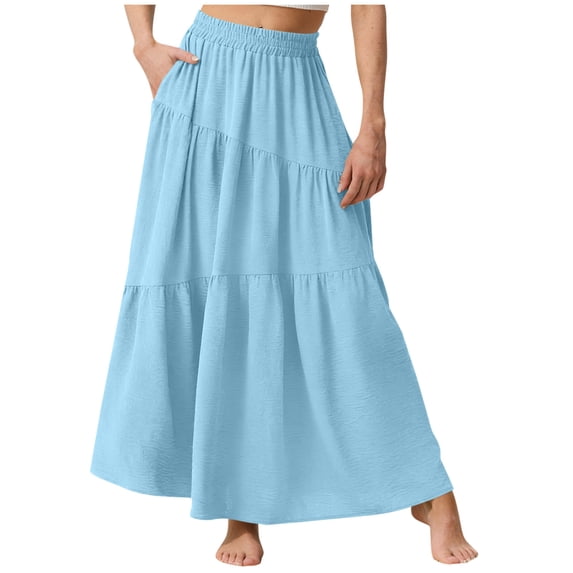 yillto Women's Summer Midi Skirt A Lined Flowy with Pockets Elastic High Waist Beach Vacation Skirts