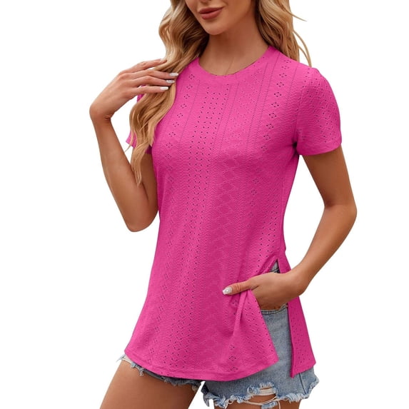 yillto Women's Summer Tshirts Short Sleeve Crewneck Pullover Blouse Shirts Side Split Tunic Tops