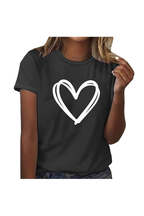 Women's Summer Tshirts Short Sleeve Heart Graphic Round Neck Causal Loose Basic Tee Tops