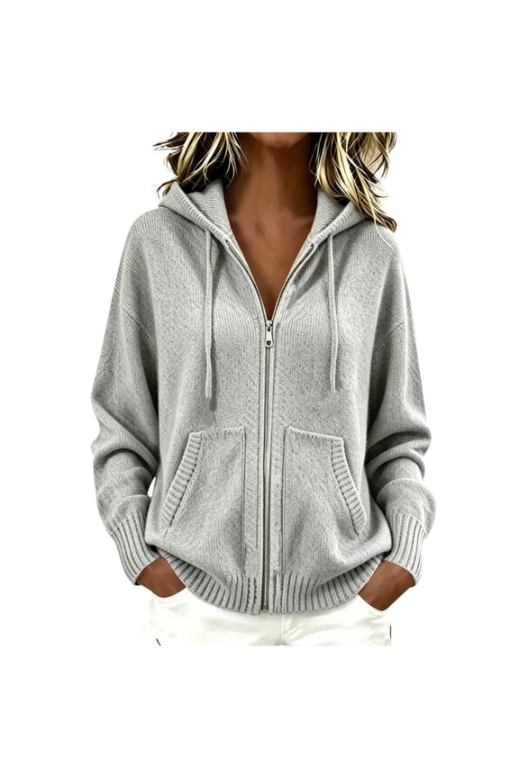 Women's Sweater Coat Zip up Hooded Knit Long Sleeve Outwear Casual Loose Pockets Jackets