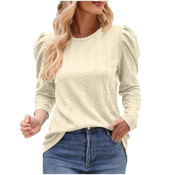 yillto Women's Sweaters Puff Long Sleeve Knitted Tops Crew Neck Cute Tunic Blouse Lightweight Pullover Sweater