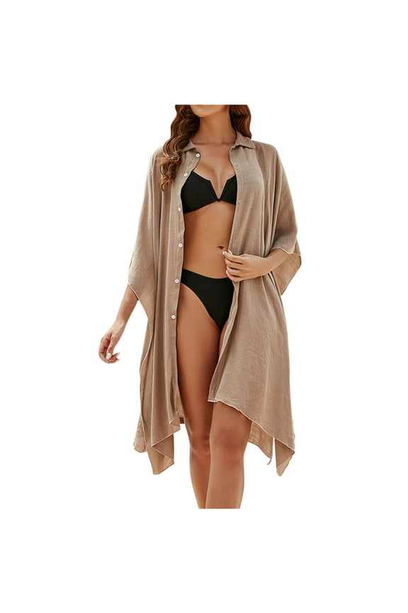 Women's Swimsuit Cover up Summer Beachwear Button down Shirt Bikini Suit Beach Coverup Mini Dresses