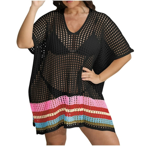 yillto Women's Swimwear Coverups Beach Bikini Swimsuit Cover-Up Crochet Knit Striped Mini Dress