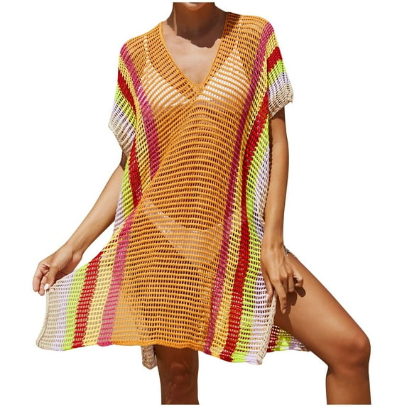 yillto Women's Swimwear Coverups Beach Bikini Swimsuit Cover-Up Crochet Striped Side Split Mini Dress