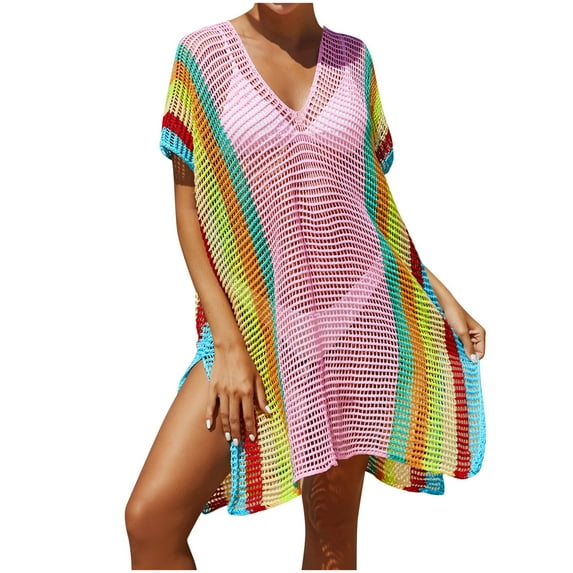 yillto Women's Swimwear Coverups Beach Bikini Swimsuit Cover-Up Crochet Striped Side Split Mini Dress