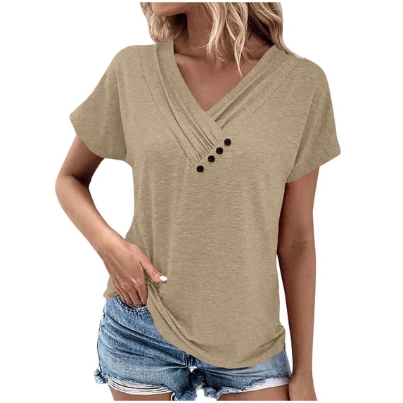 yillto Women's Tops Short Sleeve V Neck Ruched Summer Shirts Casual Tunic Tshirt Loose Blouses