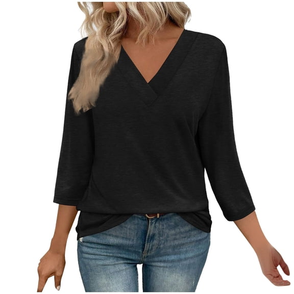 yillto Women's Tops V Neck 3/4 Sleeve Dressy Shirts Causal Loose Tunic Trendy Spring Fall Top Blouses