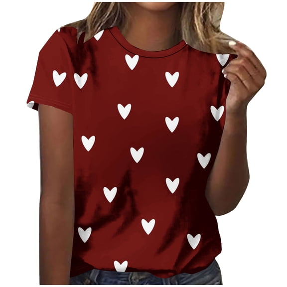 yillto Women's Valentine's Day Tshirts Short Sleeve Heart Graphic Round Neck Causal Loose Basic Tee Tops