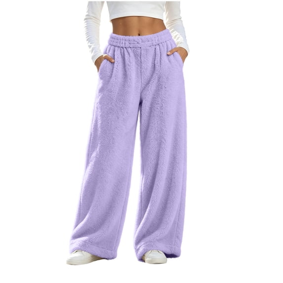 yillto Women's Wide Leg Fleece Lounge Pant Fuzzy Winter Cozy Warm Soft Sherpa Pajama Bottoms Sleepwear