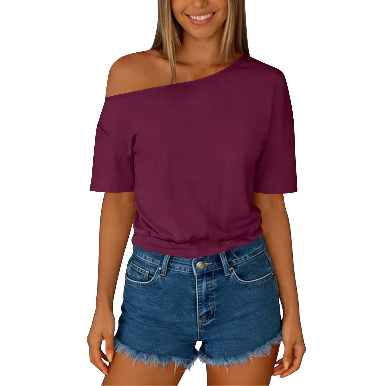 yillto Women's off Shoulder Shirts Crop Tops Short Sleeve Summer